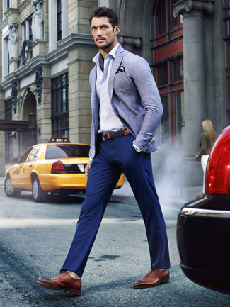 Light Blue Linen Blazer Outfits For Men: Rock a light blue linen blazer with navy chinos to put together a sleek and elegant ensemble. Rounding off with a pair of brown leather oxford shoes is a fail-safe way to inject an added touch of refinement into this look.