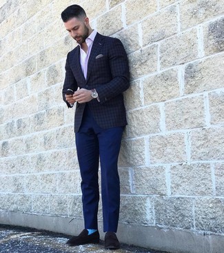 Men's Charcoal Check Blazer, Pink Vertical Striped Long Sleeve Shirt, Navy Chinos, Black Suede Loafers