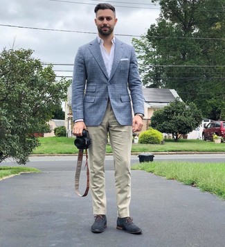 Men's Light Blue Plaid Wool Blazer, White Long Sleeve Shirt, Beige Chinos, Navy Suede Oxford Shoes