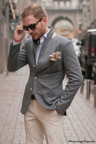 Men's Grey Wool Blazer, Light Blue Long Sleeve Shirt, Beige Chinos, Dark Brown Leather Belt