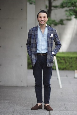 So as you can see, it doesn't take that much work for a man to look dapper. Try teaming a navy plaid wool blazer with navy chinos and you'll look incredibly stylish. Feeling transgressive today? Jazz things up by rocking dark brown suede loafers.