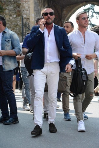 Men's Navy Linen Blazer, White Linen Long Sleeve Shirt, White Chinos, Black Suede Oxford Shoes
