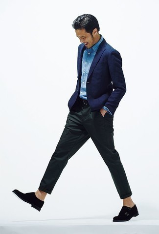 Dark Green Chinos Outfits: This combination of a navy blazer and dark green chinos is solid proof that a safe ensemble can still be really interesting. A pair of black suede double monks effortlessly amps up the wow factor of any getup.