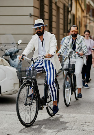 Men's White Blazer, White Long Sleeve Shirt, White and Blue Vertical Striped Chinos, Navy Suede Tassel Loafers