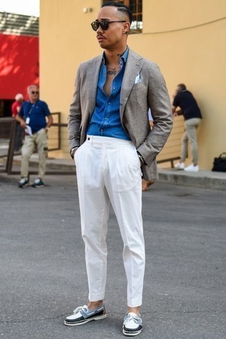 Men's Grey Blazer, Blue Chambray Long Sleeve Shirt, White Chinos, Multi colored Canvas Boat Shoes