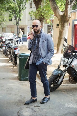 Navy Leather Derby Shoes Outfits: For a casually stylish look, rock a light blue blazer with navy chinos — these two pieces work nicely together. A good pair of navy leather derby shoes is an effortless way to power up your look.