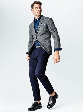 Men's Grey Vertical Striped Blazer, Navy Chambray Long Sleeve Shirt, Navy Chinos, Black Leather Brogues