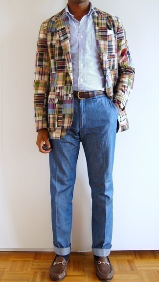Men's Multi colored Plaid Blazer, White and Blue Vertical Striped Seersucker Long Sleeve Shirt, Blue Linen Chinos, Brown Leather Loafers