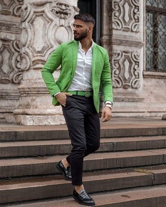Men's Green Blazer, White Long Sleeve Shirt, Black Chinos, Black Leather Loafers