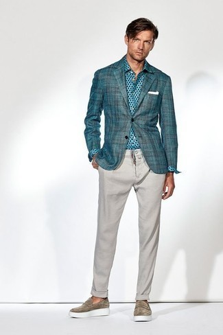 Teal Plaid Blazer Outfits For Men: A teal plaid blazer and grey chinos are among those versatile pieces that have become the crucial elements in any gent's closet. You could perhaps get a bit experimental when it comes to footwear and spruce up your ensemble with tan suede loafers.