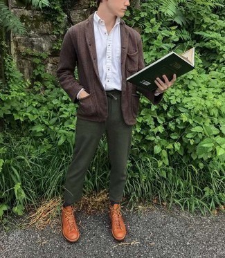 Dark Brown Wool Blazer with Tobacco Leather Casual Boots Outfits For Men: We're loving how this smart casual combination of a dark brown wool blazer and dark green chinos immediately makes you look stylish. Look at how nice this getup pairs with tobacco leather casual boots.