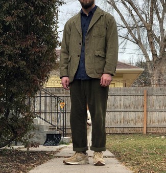 Men's Olive Check Blazer, Navy Chambray Long Sleeve Shirt, Olive Corduroy Chinos, Tan Athletic Shoes
