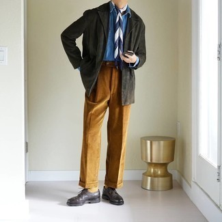 Yellow Socks Outfits For Men: You'll be surprised at how super easy it is for any gentleman to throw together an edgy getup like this. Just a charcoal corduroy blazer and yellow socks. To give your outfit a more polished spin, complement this look with dark brown leather derby shoes.