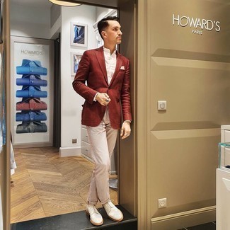 Beige Chinos Smart Casual Outfits: A burgundy blazer and beige chinos paired together are a perfect match. For an on-trend on and off-duty mix, complete your ensemble with white leather brogues.