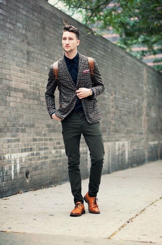 Navy and White Plaid Blazer Outfits For Men: For a look that's casually smart and gasp-worthy, try teaming a navy and white plaid blazer with olive chinos. Bring an added dose of style to your look by slipping into a pair of orange leather brogues.