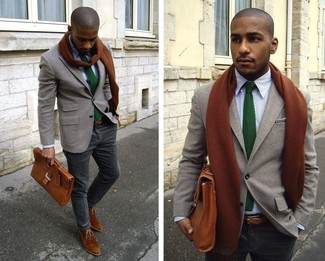 Burgundy Scarf Outfits For Men: Go for a grey wool blazer and a burgundy scarf for a casual level of dress. And if you want to easily up the style ante of this getup with one piece, enter a pair of brown suede desert boots into the equation.