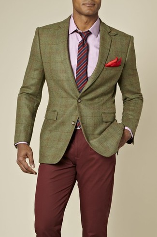 Men's Olive Plaid Blazer, Pink Long Sleeve Shirt, Burgundy Chinos, Red and Navy Vertical Striped Tie