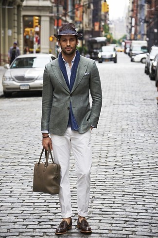 Blue Scarf Outfits For Men: Inject style into your day-to-day fashion mix with a grey blazer and a blue scarf. Dark brown leather tassel loafers are a surefire way to bring an added touch of style to this getup.