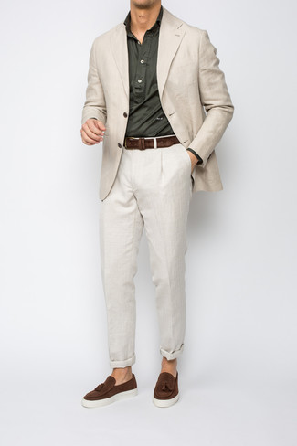 Beige Linen Blazer Outfits For Men: Consider pairing a beige linen blazer with beige linen chinos to look polished but not particularly formal. Kick up the cool of this outfit by rounding off with a pair of dark brown suede tassel loafers.