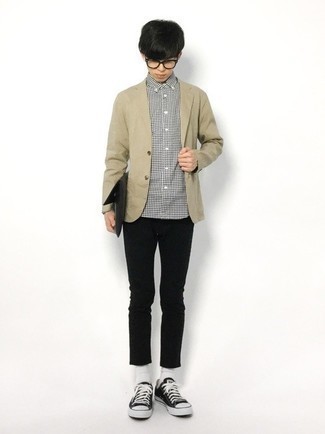 Men's Tan Blazer, White and Black Gingham Long Sleeve Shirt, Black Chinos, Black and White Canvas Low Top Sneakers
