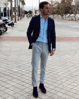 Men's Navy Blazer, White and Blue Vertical Striped Long Sleeve Shirt, Grey Chinos, Black Suede Chelsea Boots