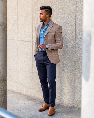 Men's Tan Houndstooth Blazer, Light Blue Long Sleeve Shirt, Navy Chinos, Brown Leather Double Monks