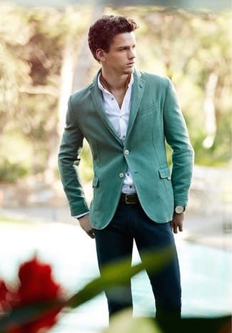 Men's Green Blazer, White Long Sleeve Shirt, Navy Chinos, Brown Silk Scarf