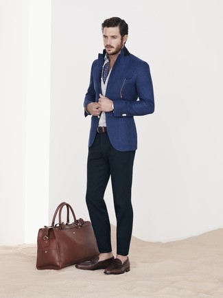 Blue Floral Scarf Outfits For Men: Consider wearing a blue wool blazer and a blue floral scarf to feel fully confident and look sharp. To bring some extra definition to this getup, complete this look with a pair of dark brown leather loafers.