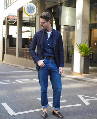 Navy Long Sleeve Shirt Outfits For Men: Take your laid-back style up a notch in a navy long sleeve shirt and blue jeans. Infuse your look with an extra touch of sophistication by wearing a pair of dark brown leather loafers.