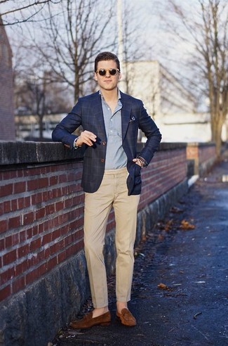 Blue Plaid Blazer Outfits For Men: Consider wearing a blue plaid blazer and khaki dress pants to ooze elegance and sophistication. Brown suede loafers pull the ensemble together.