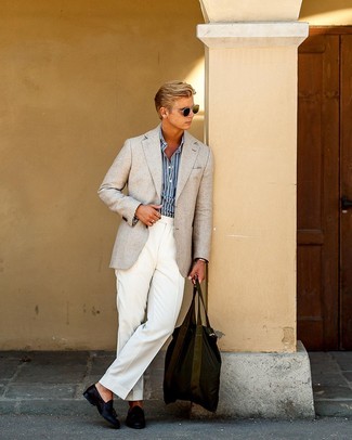 Navy Leather Tassel Loafers Outfits: A beige blazer and white dress pants? This menswear style will make ladies swoon. When not sure about the footwear, add navy leather tassel loafers to this ensemble.