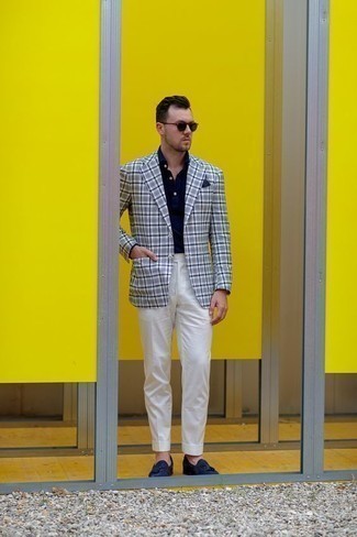 White Plaid Blazer Outfits For Men: A white plaid blazer and white dress pants are among the fundamental pieces in any modern gentleman's wardrobe. Our favorite of a myriad of ways to complement this outfit is with a pair of navy suede tassel loafers.
