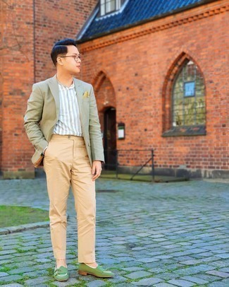 Green Suede Double Monks Outfits: This is hard proof that an olive blazer and khaki dress pants look amazing when worn together in a sophisticated getup for today's man. When not sure about the footwear, introduce green suede double monks to your getup.