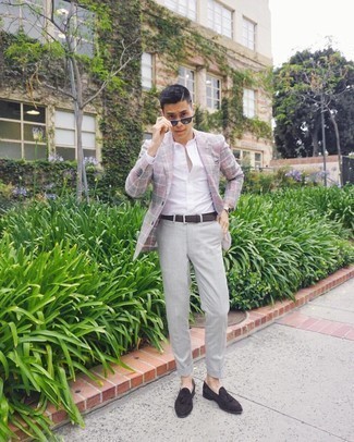 Dark Brown Suede Tassel Loafers Outfits: This is irrefutable proof that a pink plaid blazer and grey dress pants are amazing when teamed together in a refined getup for today's gent. Let your styling skills truly shine by finishing this look with a pair of dark brown suede tassel loafers.