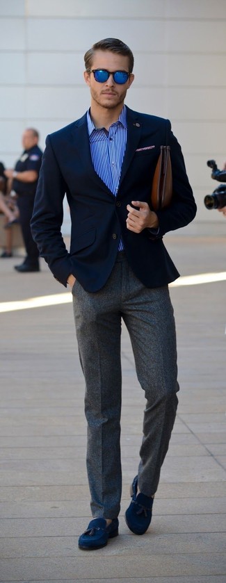 Navy Vertical Striped Long Sleeve Shirt Outfits For Men: This pairing of a navy vertical striped long sleeve shirt and charcoal wool dress pants is truly dapper and provides instant polish. Wondering how to complement this getup? Wear a pair of blue suede tassel loafers to amp up the style factor.