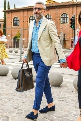 Beige Blazer Outfits For Men After 50: This is hard proof that a beige blazer and blue dress pants look awesome when combined together in an elegant ensemble for today's gentleman. When in doubt about the footwear, go with navy suede tassel loafers. This outfit proves that looking stylish at 50 and beyond is totally doable.