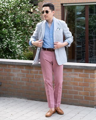 Brown Leather Loafers Dressy Outfits For Men: A grey blazer and pink dress pants are a classy outfit that every smart gent should have in his arsenal. Look at how great this look goes with a pair of brown leather loafers.