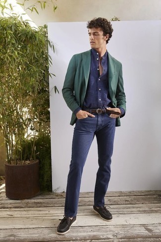Black Leather Boat Shoes Outfits: This combination of a dark green blazer and navy jeans is undoubtedly a statement-maker. Complete your look with black leather boat shoes to easily kick up the street cred of your ensemble.