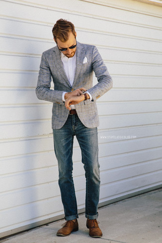 Charcoal Plaid Blazer Outfits For Men: This casual combo of a charcoal plaid blazer and blue jeans is very easy to throw together without a second thought, helping you look amazing and ready for anything without spending a ton of time combing through your closet. Brown leather oxford shoes are the most effective way to punch up this look.