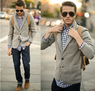 Men's Grey Wool Blazer, White and Navy Gingham Long Sleeve Shirt, Navy Jeans, Brown Suede Derby Shoes