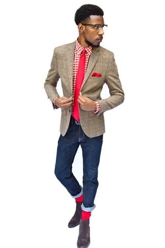 Men's Brown Check Wool Blazer, Red and White Gingham Long Sleeve Shirt, Navy Jeans, Dark Brown Suede Chelsea Boots