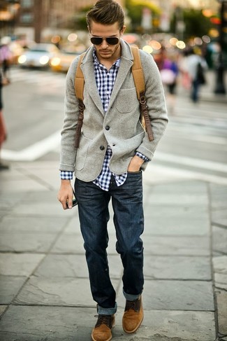 Men's Grey Wool Blazer, Navy and White Plaid Long Sleeve Shirt, Navy Jeans, Brown Suede Desert Boots