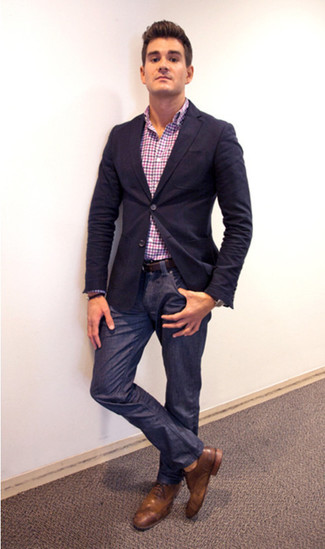Men's Navy Blazer, Multi colored Gingham Long Sleeve Shirt, Navy Jeans, Brown Leather Brogues