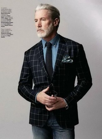 Aiden Shaw wearing Black and White Plaid Blazer, Blue Chambray Long Sleeve Shirt, Grey Jeans, Charcoal Knit Tie