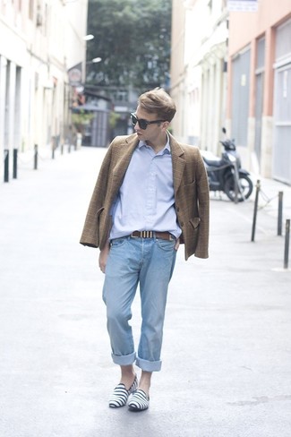 Men's Brown Plaid Blazer, Light Blue Long Sleeve Shirt, Light Blue Jeans, White and Navy Horizontal Striped Canvas Loafers