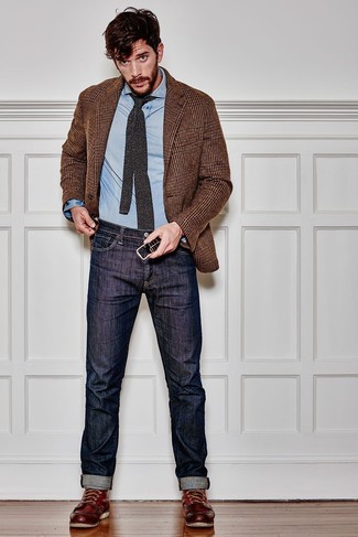 Charcoal Knit Tie Outfits For Men: Try pairing a brown houndstooth blazer with a charcoal knit tie to look handsome and classic. If you want to instantly dial down this ensemble with a pair of shoes, add burgundy leather work boots to this outfit.