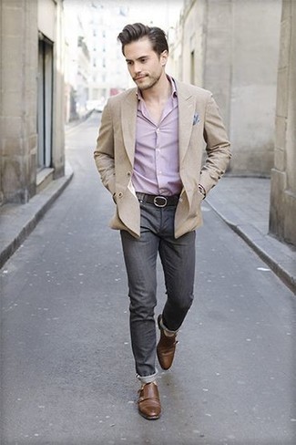 Men's Tan Blazer, Pink Long Sleeve Shirt, Charcoal Jeans, Brown Leather Double Monks