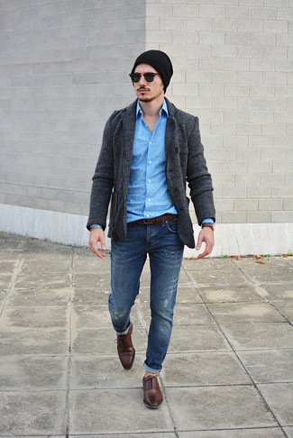 Men's Charcoal Knit Blazer, Blue Print Long Sleeve Shirt, Navy Ripped Jeans, Dark Brown Leather Oxford Shoes