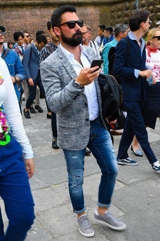 Men's White and Blue Blazer, White Long Sleeve Shirt, Blue Ripped Jeans, Grey Canvas Low Top Sneakers