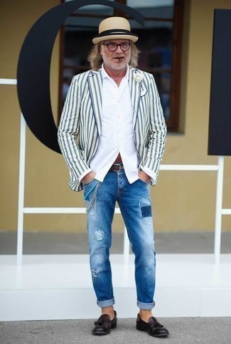 White and Navy Vertical Striped Blazer Outfits For Men: This pairing of a white and navy vertical striped blazer and light blue ripped jeans is very easy to do and so comfortable to rock from dawn till dusk as well! A pair of dark purple leather tassel loafers will bring a different twist to an otherwise mostly casual ensemble.